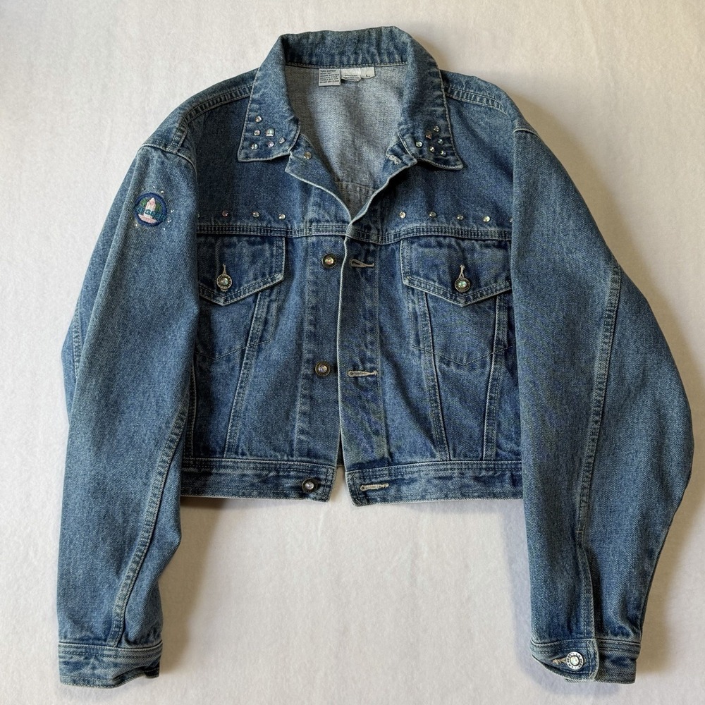 Vintage LA Gear Denim Jean Crop Jacket Denim‎ 100% Cotton Bedazzled Size Large